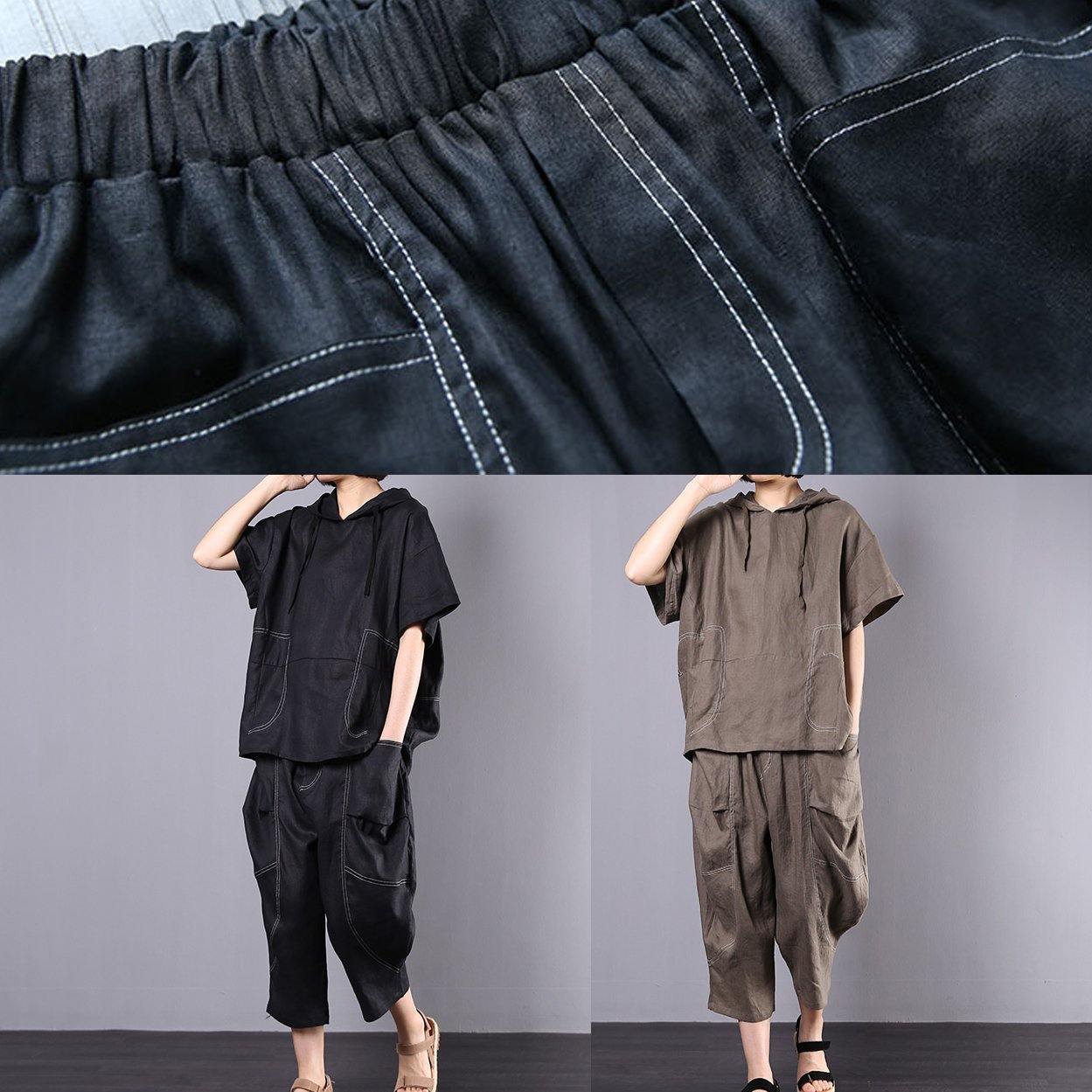 Summer Black Linen Two Pieces Hooded Blouse With Harem Pants