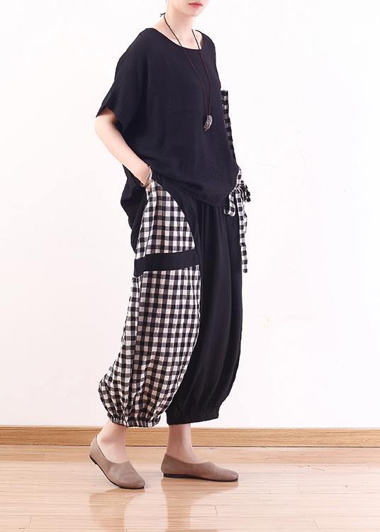Summer Black Cotton Linen Short Sleeve Tops and Patchwork Plaid Harem Pants
