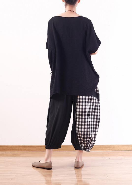 Summer Black Cotton Linen Short Sleeve Tops and Patchwork Plaid Harem Pants