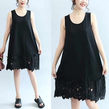 Summer Black Stylish Cotton Sundress Oversize Dresses O Neck Maxi Dress