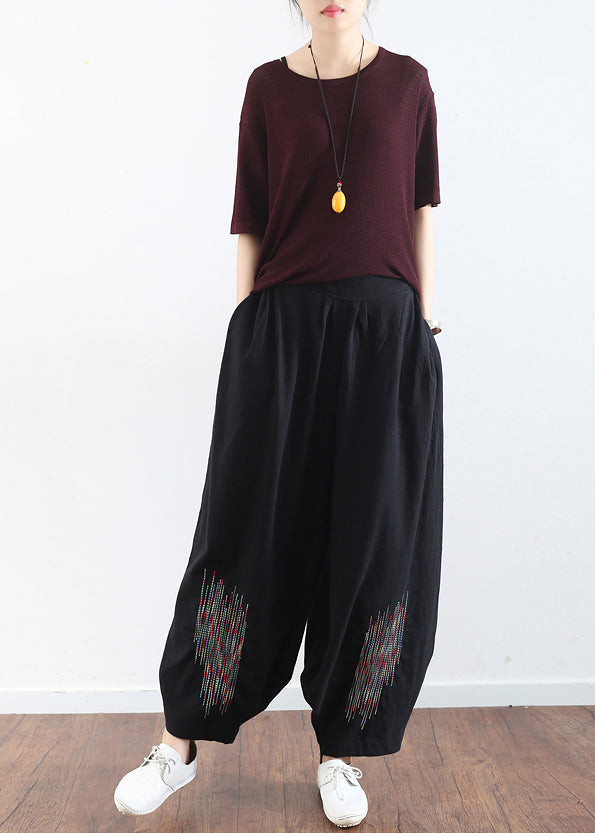 Summer Black Embroidery Cotton Linen Traveling Pants Loose Wide Leg Pant