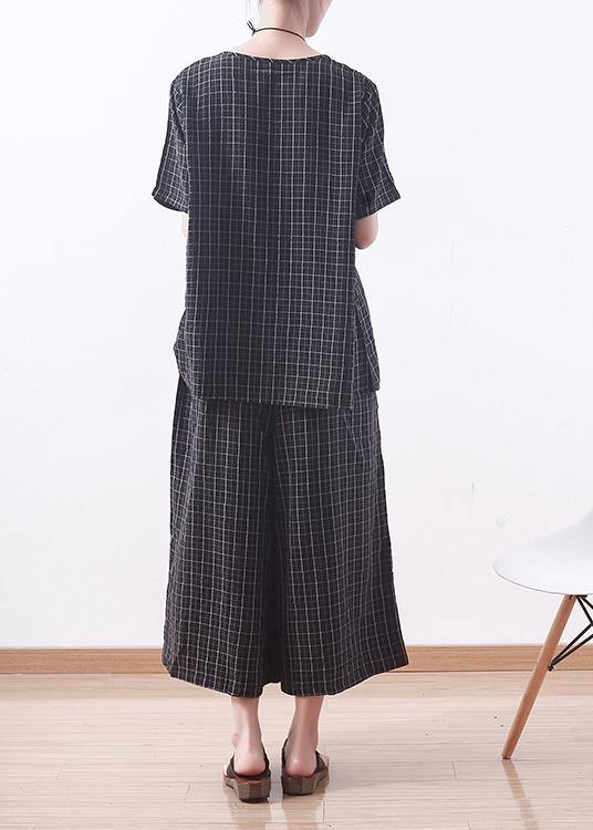 Summer Black Plaid Silk Loose T Shirt With Wide Leg Pants Two Pieces