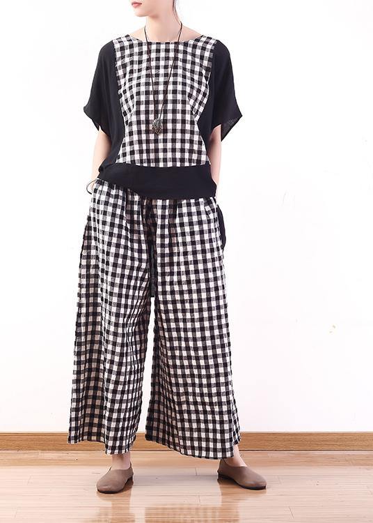 Summer Cotton Linen Two Pieces Black White Plaid Patchwork Tops and Elastic Waist Wide Leg Pants