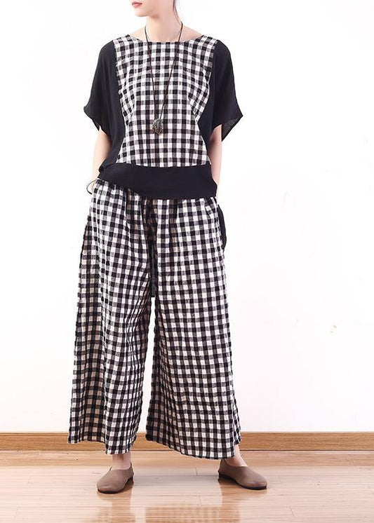 Summer Cotton Linen Two Pieces Black White Plaid Patchwork Tops and Elastic Waist Wide Leg Pants