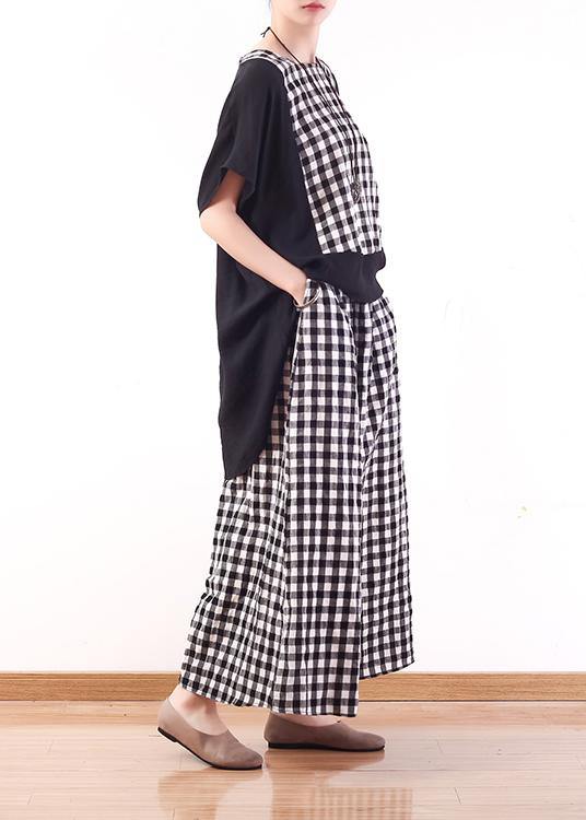 Summer Cotton Linen Two Pieces Black White Plaid Patchwork Tops and Elastic Waist Wide Leg Pants