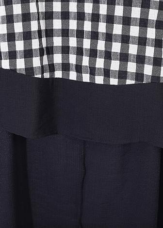 Summer Cotton Linen Two Pieces Black White Plaid Patchwork Tops and Elastic Waist Wide Leg Pants
