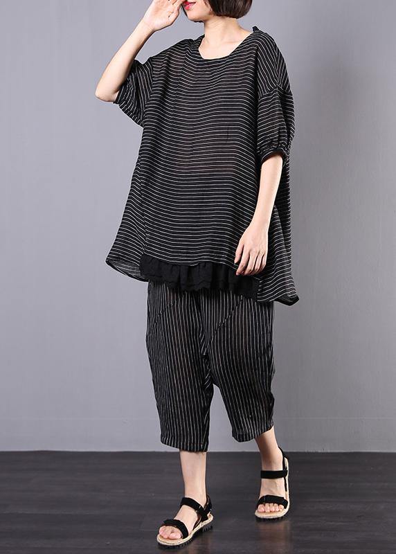 Summer Two Pieces Black Striped Patchwork Tops and Elastic Waist Pants