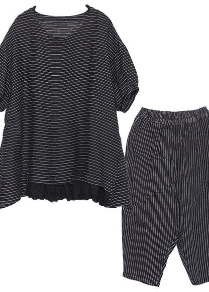 Summer Two Pieces Black Striped Patchwork Tops and Elastic Waist Pants