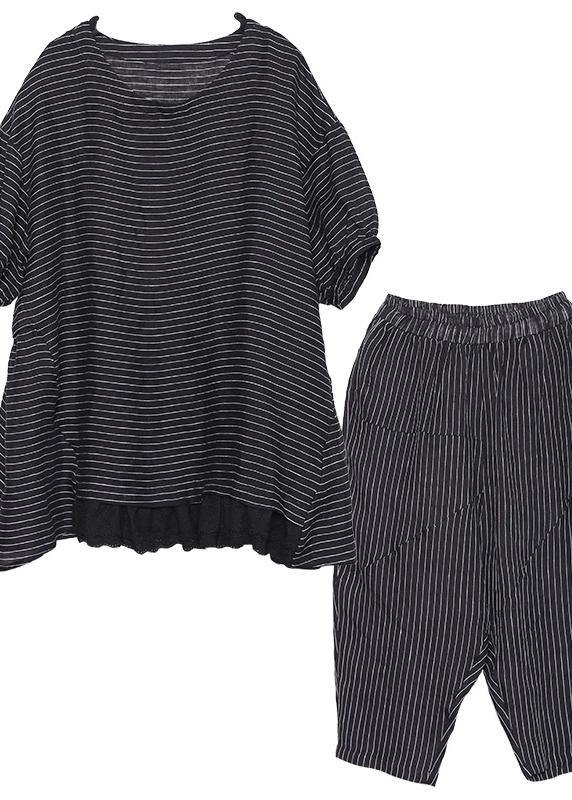 Summer Two Pieces Black Striped Patchwork Tops and Elastic Waist Pants