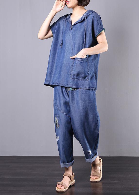 Summer Cotton Blended Blue Hooded Tops With Elastic Waist Pants Two Pieces