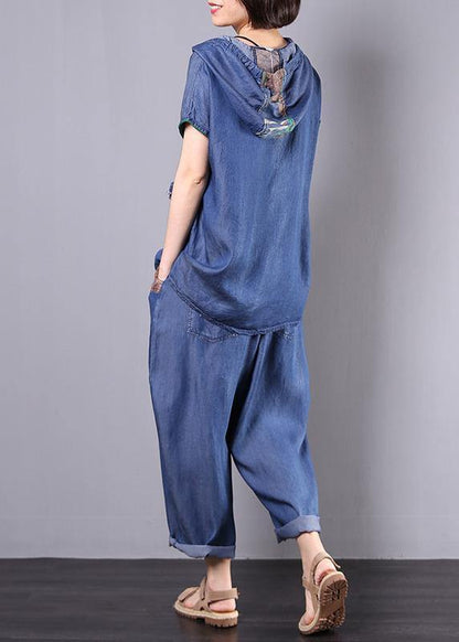 Summer Cotton Blended Blue Hooded Tops With Elastic Waist Pants Two Pieces