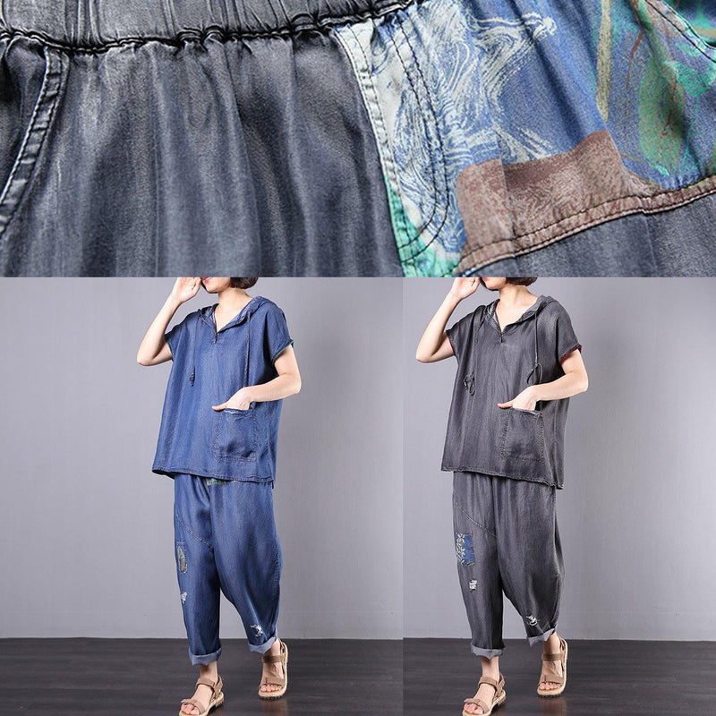 Summer Cotton Blended Blue Hooded Tops With Elastic Waist Pants Two Pieces