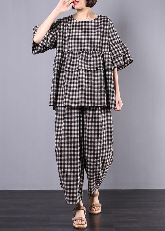 Summer Cotton Linen Two Pieces Black Plaid Ruffles Sleeve Blouse With Wide Leg Pants