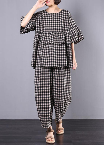 Summer Cotton Linen Two Pieces Black Plaid Ruffles Sleeve Blouse With Wide Leg Pants