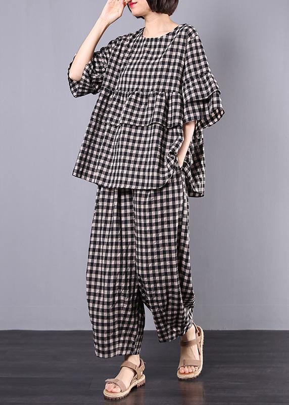Summer Cotton Linen Two Pieces Black Plaid Ruffles Sleeve Blouse With Wide Leg Pants