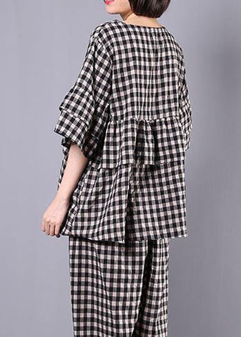 Summer Cotton Linen Two Pieces Black Plaid Ruffles Sleeve Blouse With Wide Leg Pants