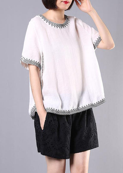 Summer Cotton Linen White Embroidery O Neck Tops and Hollow Out Shorts
