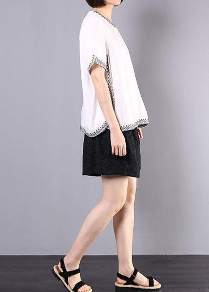 Summer Cotton Linen White Embroidery O Neck Tops and Hollow Out Shorts