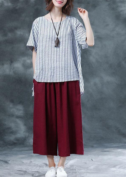 Summer Cotton Two Pieces Black Striped Asymmetric Hem Tops and Red Crop Pants