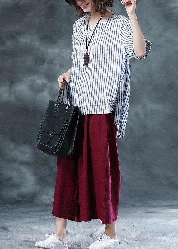 Summer Cotton Two Pieces Black Striped Asymmetric Hem Tops and Red Crop Pants