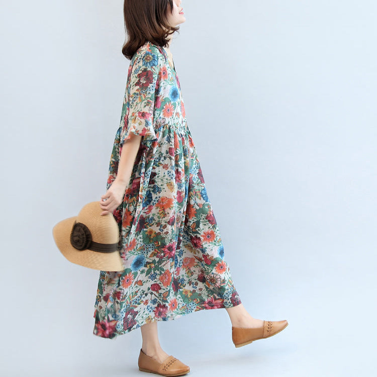Summer Cotton Blend Sundress Oversize Bracelet Sleeved Maxi Dress