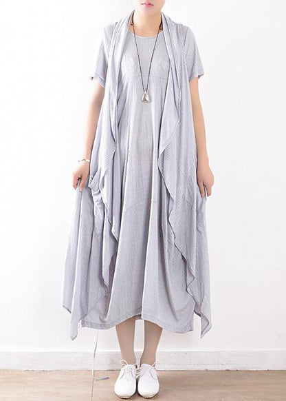 Summer Light Blue Linen Sleeveless Outwear Dress Two Pieces