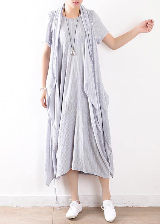 Summer Light Blue Linen Sleeveless Outwear Dress Two Pieces