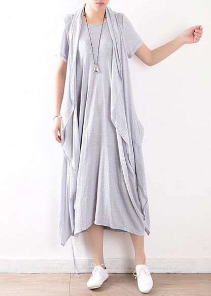 Summer Light Blue Linen Sleeveless Outwear Dress Two Pieces