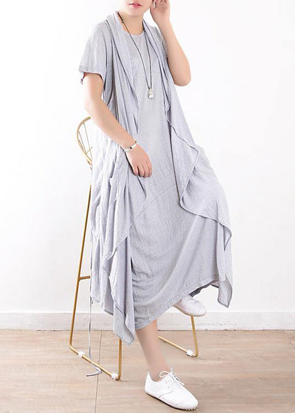 Summer Light Blue Linen Sleeveless Outwear Dress Two Pieces