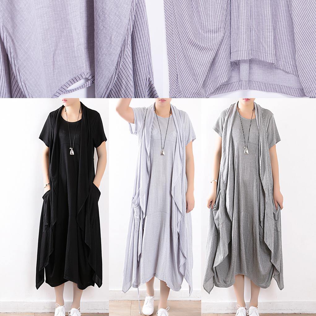 Summer Light Blue Linen Sleeveless Outwear Dress Two Pieces