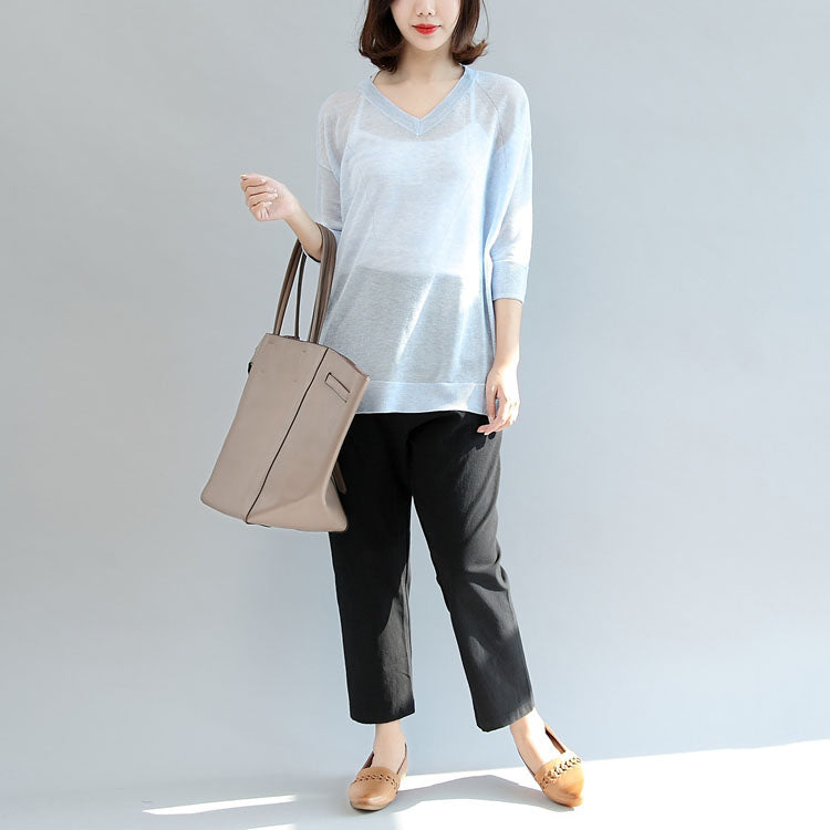 Summer Light Blue Stylish Loose T Shirt Long Sleeve Blouse