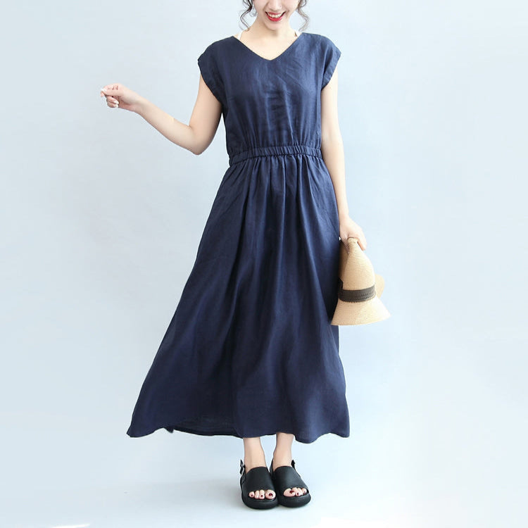 Summer Navy Linen Sundress V Neck Maxi Dress