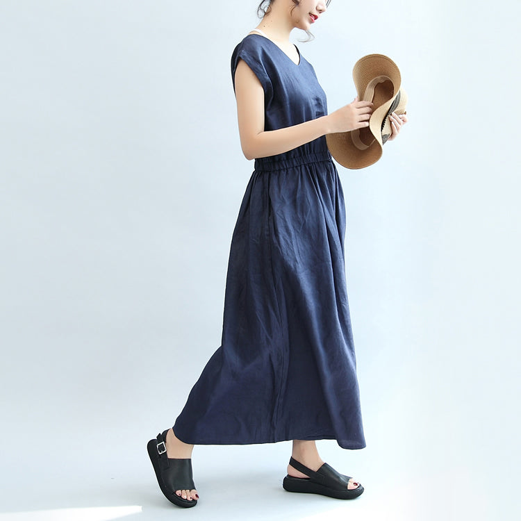 Summer Navy Linen Sundress V Neck Maxi Dress