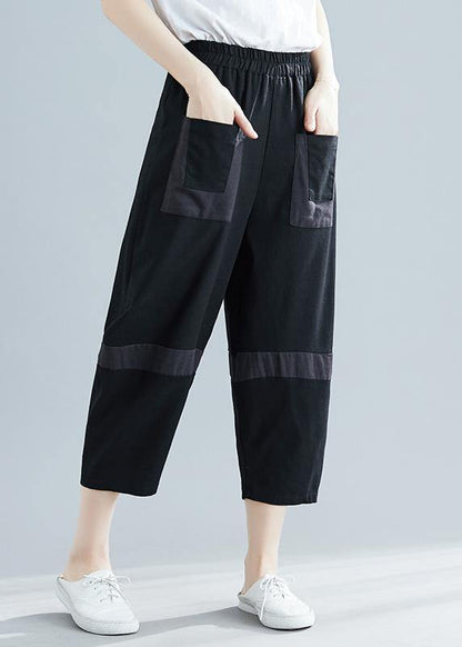 Summer New Black Blended Cotton Pants Elastic Crop Pants
