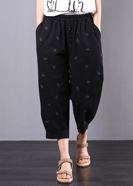 Summer New Black Leaf Embroidery Seven Points Elastic Waist Pants