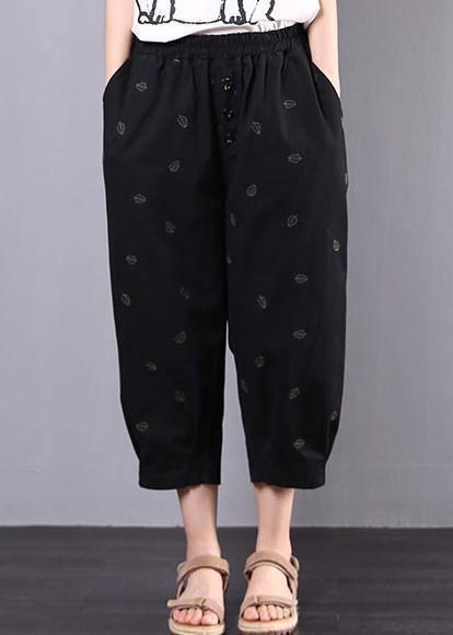 Summer New Black Leaf Embroidery Seven Points Elastic Waist Pants
