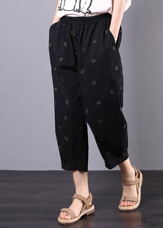 Summer New Black Leaf Embroidery Seven Points Elastic Waist Pants