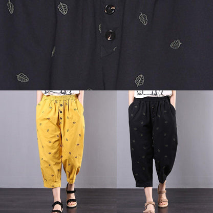 Summer New Black Leaf Embroidery Seven Points Elastic Waist Pants