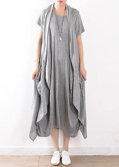 Summer New Gray Original Design Striped Dress Long Dresses and Vest Outside Wearing Suit