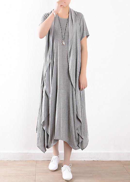 Summer New Gray Original Design Striped Dress Long Dresses and Vest Outside Wearing Suit