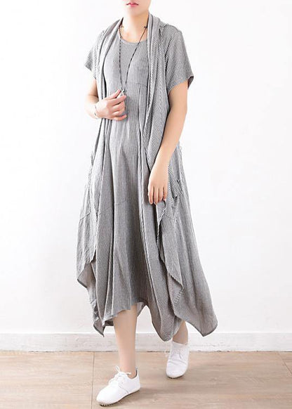 Summer New Gray Original Design Striped Dress Long Dresses and Vest Outside Wearing Suit