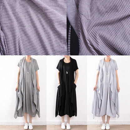 Summer New Gray Original Design Striped Dress Long Dresses and Vest Outside Wearing Suit