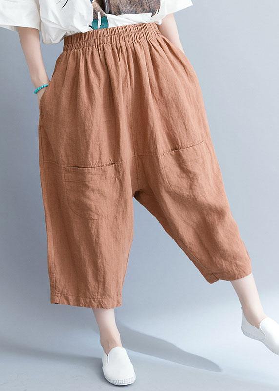Summer New Khaki Cotton Linen Pants Elastic Waist Crop Pants