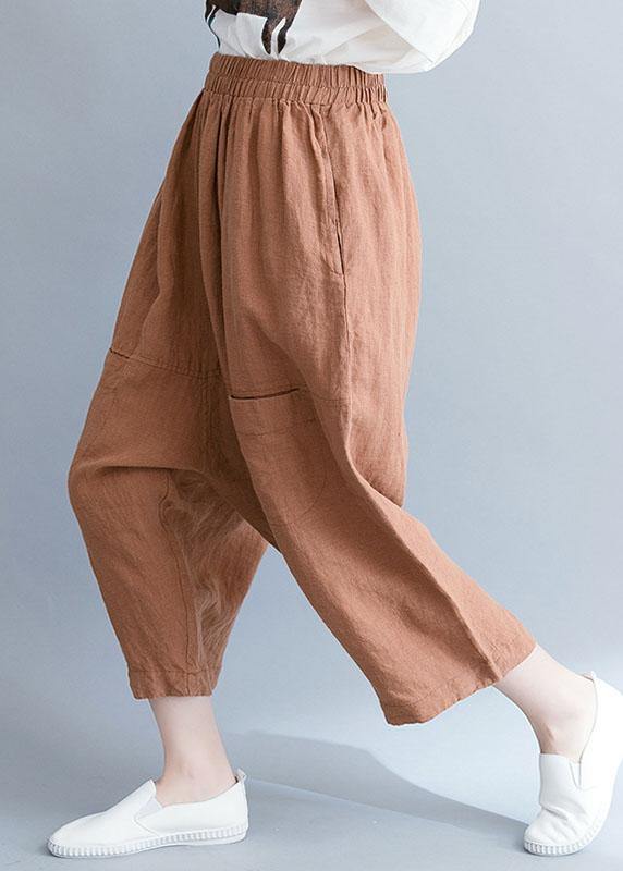 Summer New Khaki Cotton Linen Pants Elastic Waist Crop Pants