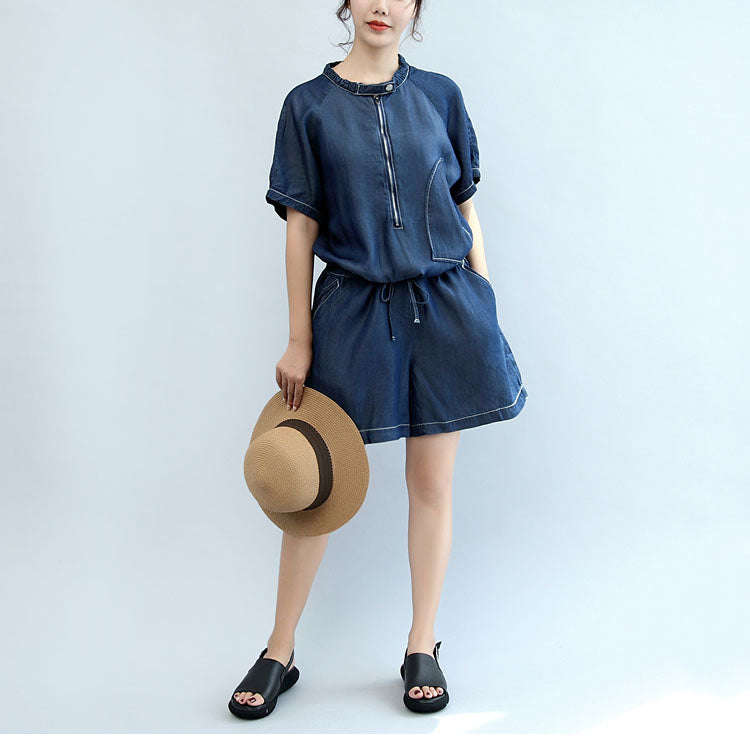 Summer New Navy Stylish Cotton Short Sleeve Tops and Jumpsuit Shorts