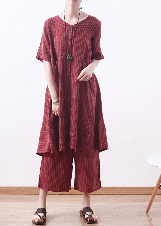 Summer New Silk Two Pieces Striped Tops and Elastic Waist Wide Leg Pants