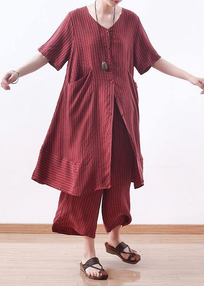 Summer New Silk Two Pieces Striped Tops and Elastic Waist Wide Leg Pants