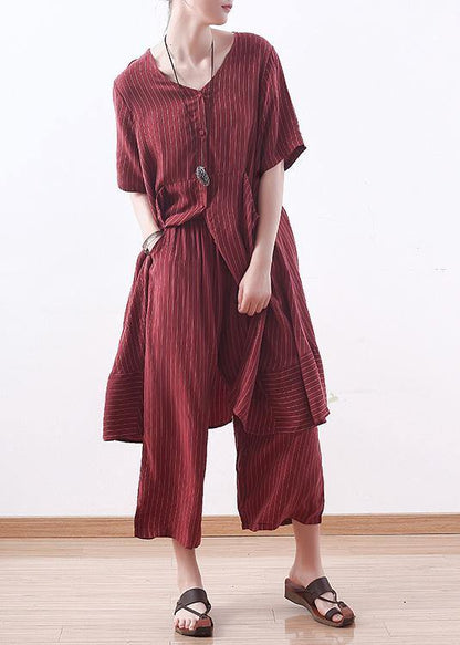 Summer New Silk Two Pieces Striped Tops and Elastic Waist Wide Leg Pants