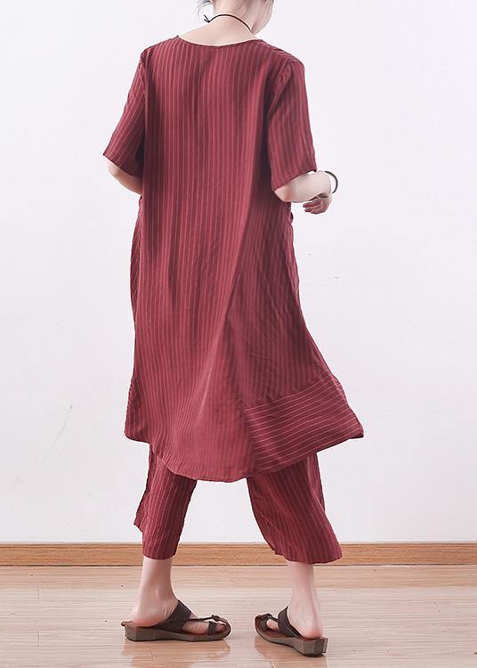 Summer New Silk Two Pieces Striped Tops and Elastic Waist Wide Leg Pants