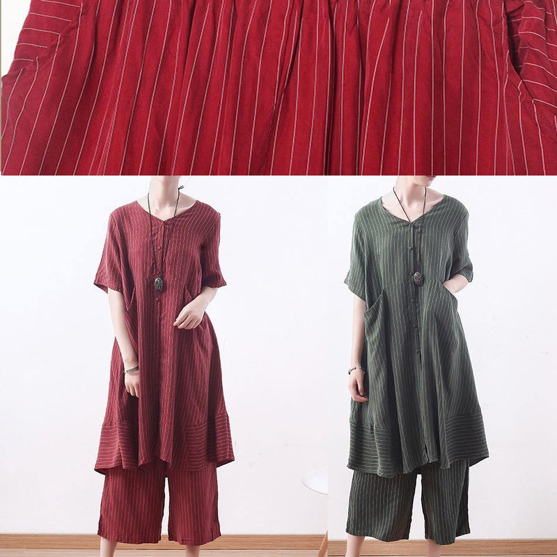Summer New Silk Two Pieces Striped Tops and Elastic Waist Wide Leg Pants